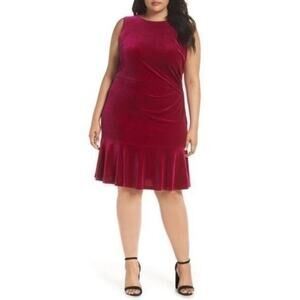 Eliza J Plus Sized Fuchsia Velvet Ruffle Hem Knee-Length Dress Size 22W NWT